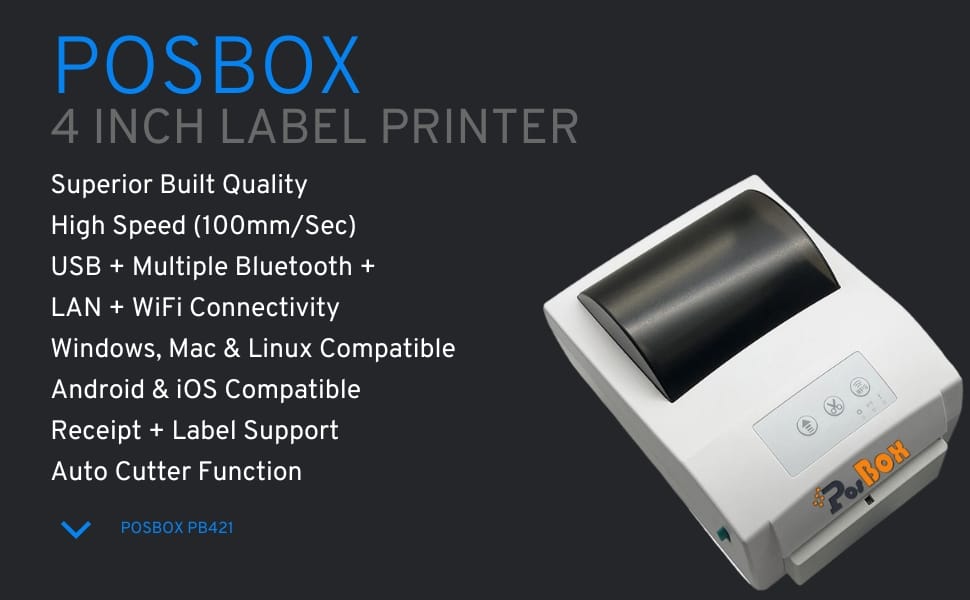 Description 4 Inch Direct Thermal Barcode Label Printer | Auto Cutter USB + Multiple Bluetooth + LAN + WiFi
