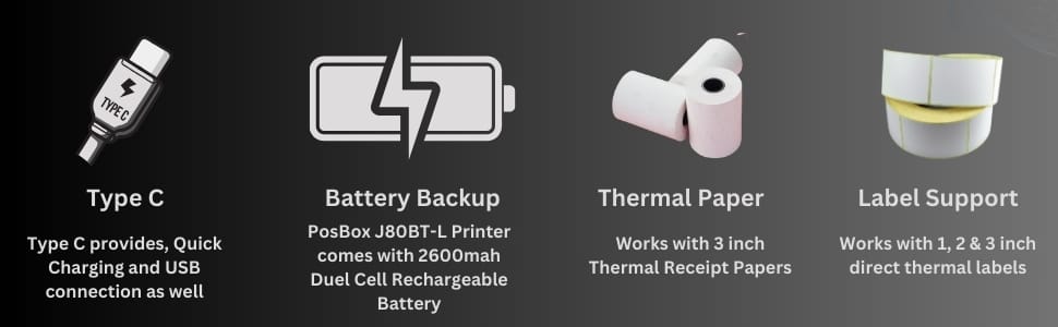 Description 3 inch Portable Label + Receipt thermal printer with 2600mah Battery
