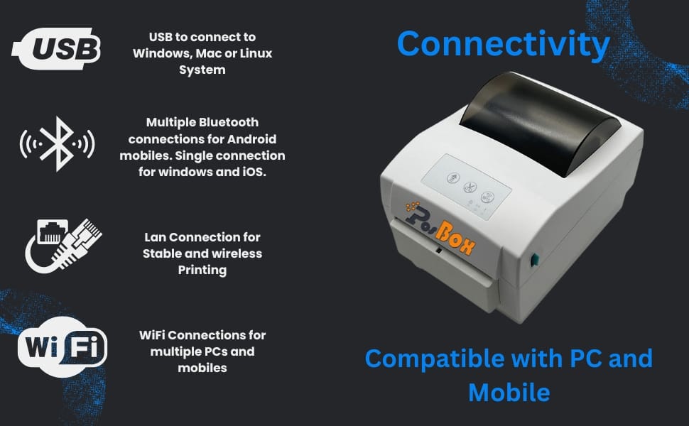 Description 4 Inch Direct Thermal Barcode Label Printer | Auto Cutter USB + Multiple Bluetooth + LAN + WiFi