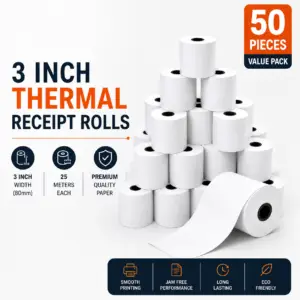 Thermal Paper rolls for 3 inch printers (Set of 50 rolls / 25 meter each)