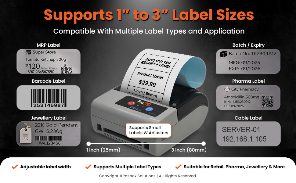 3 Inch 2 in 1 Label + Receipt Printer with Auto Cutter, USB and Bluetooth for Billing and Labels 