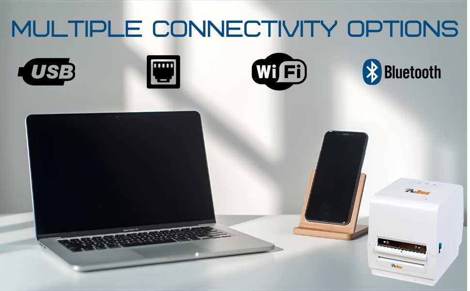 4 Inch 300dpi Thermal Transfer Barcode Label Printer with USB + Multiple Bluetooth + LAN + WiFi Interface
