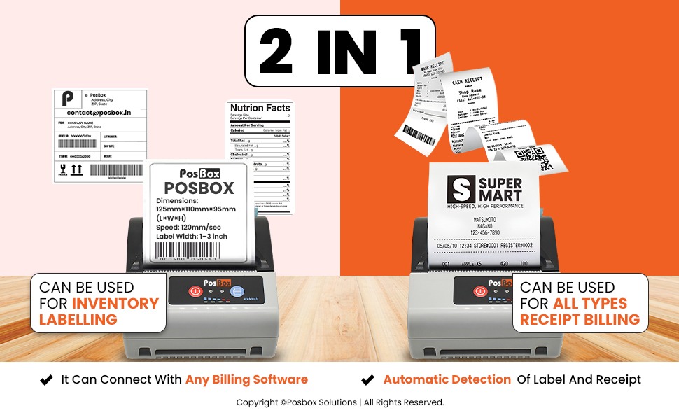 3 Inch 2 in 1 Label + Receipt Printer with Auto Cutter, USB and Bluetooth for Billing and Labels 