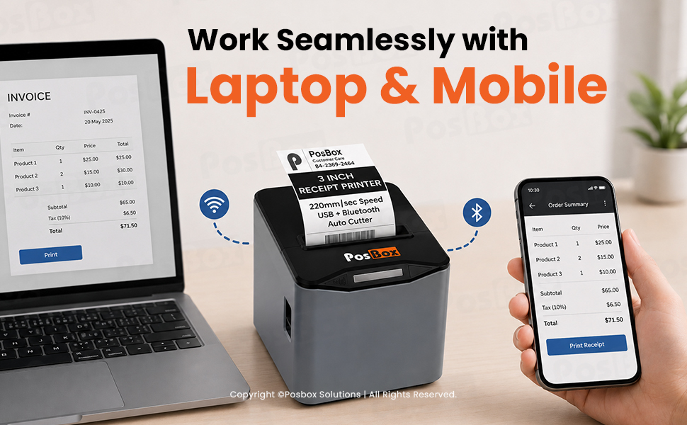 3 inch POS Desktop Thermal Printer with Auto Cutter, Speed: 220mm / Sec, USB + Bluetooth Interface